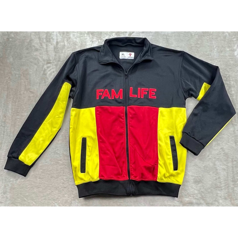 Famlife Men XL Track Jacket Black Yellow Red Colorblock Full Zip Fam Life Logo